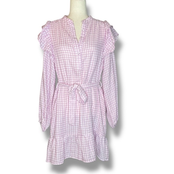 FRNCH Lavender Picnic Check Frill Balloon Sleeve Belted Mini Dress Size Medium - Picture 2 of 9